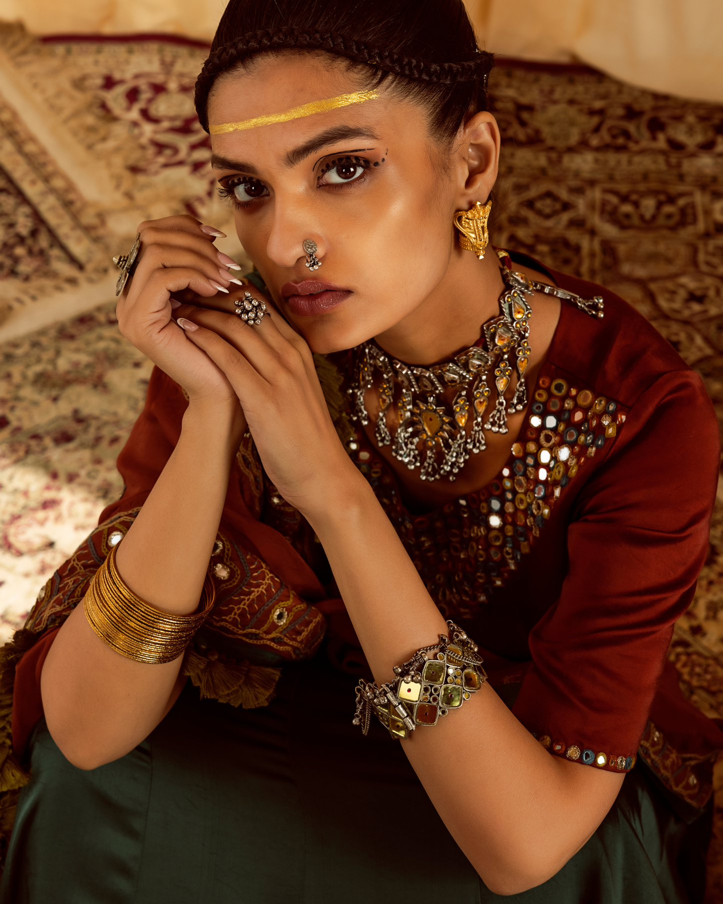 Teal Lehenga with Rust Choli & Dupatta