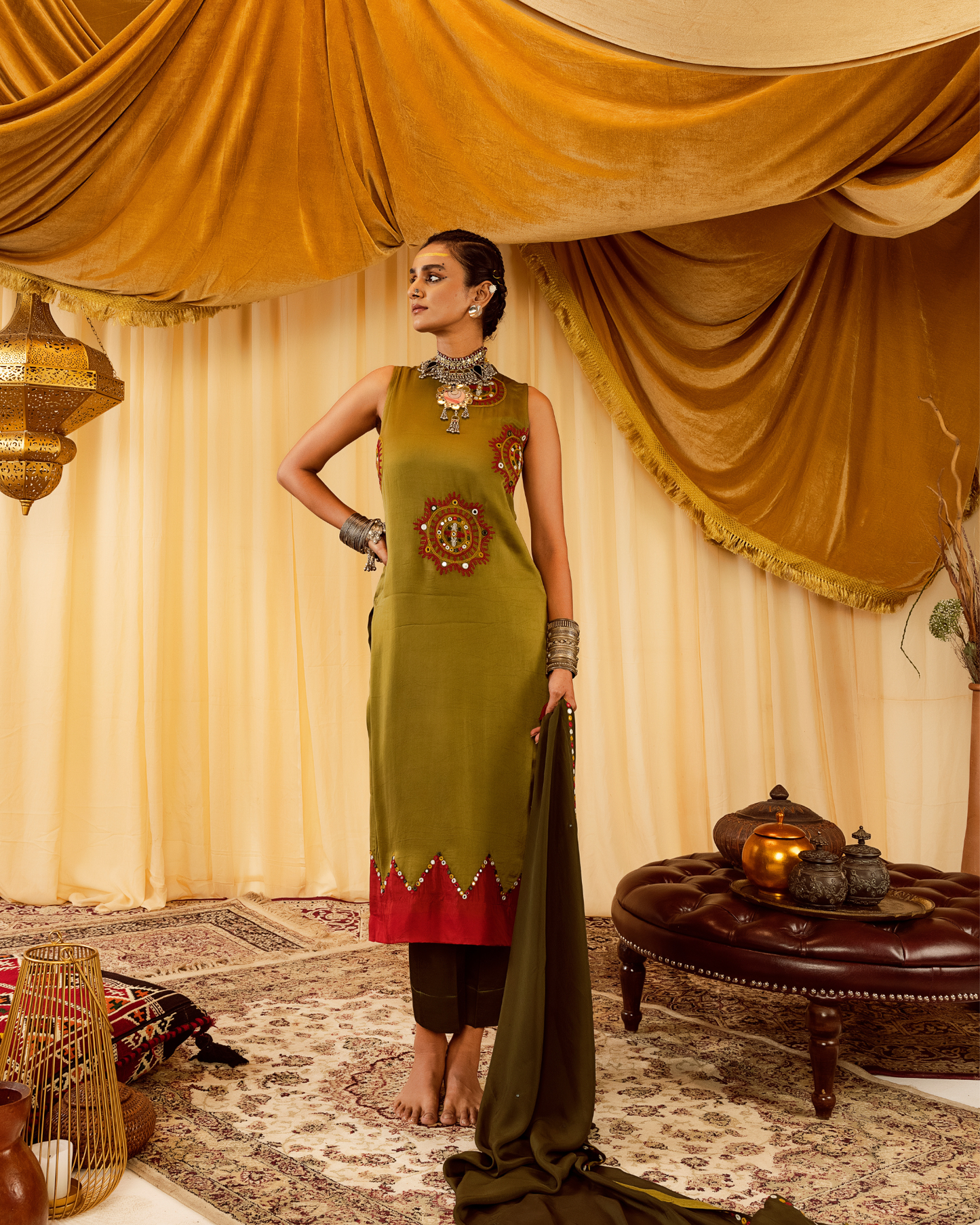 Mehendi Green Straight Suit with Hand Embroidery