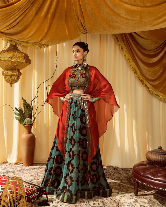 Printed Lehenga & Printed Blouse with Cape