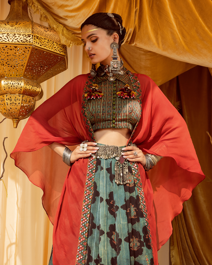 Printed Lehenga & Printed Blouse with Cape