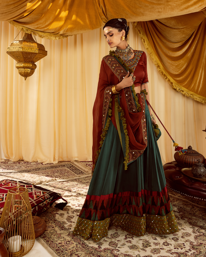 Teal Lehenga with Rust Choli & Dupatta