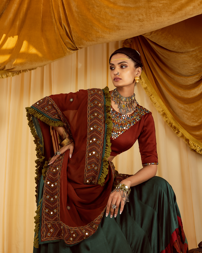 Teal Lehenga with Rust Choli & Dupatta