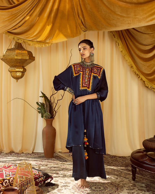 Navy Blue Kaftan Set with Embroidered Neck