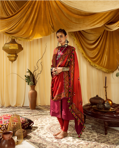 Pink A-line Suit with Thread & Mirror Embroidery