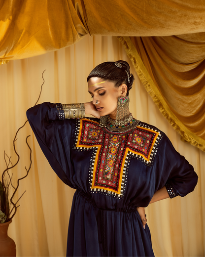 Navy Blue Kaftan Set with Embroidered Neck
