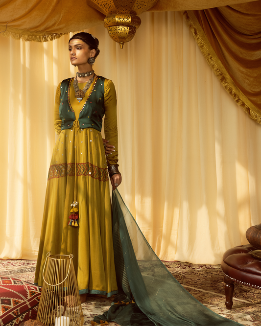 Mustard Anarkali Suit with Teal Jacket & Dupatta