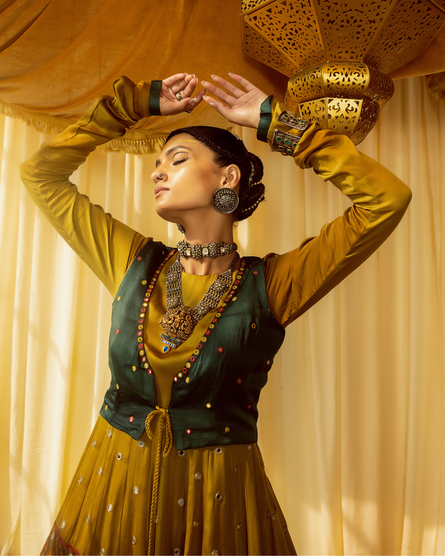 Mustard Anarkali Suit with Teal Jacket & Dupatta