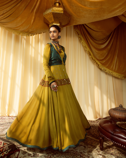Mustard Anarkali Suit with Teal Jacket & Dupatta