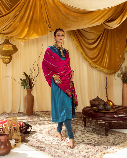 Blue A-line Suit with Churidaar & Pink Dupatta