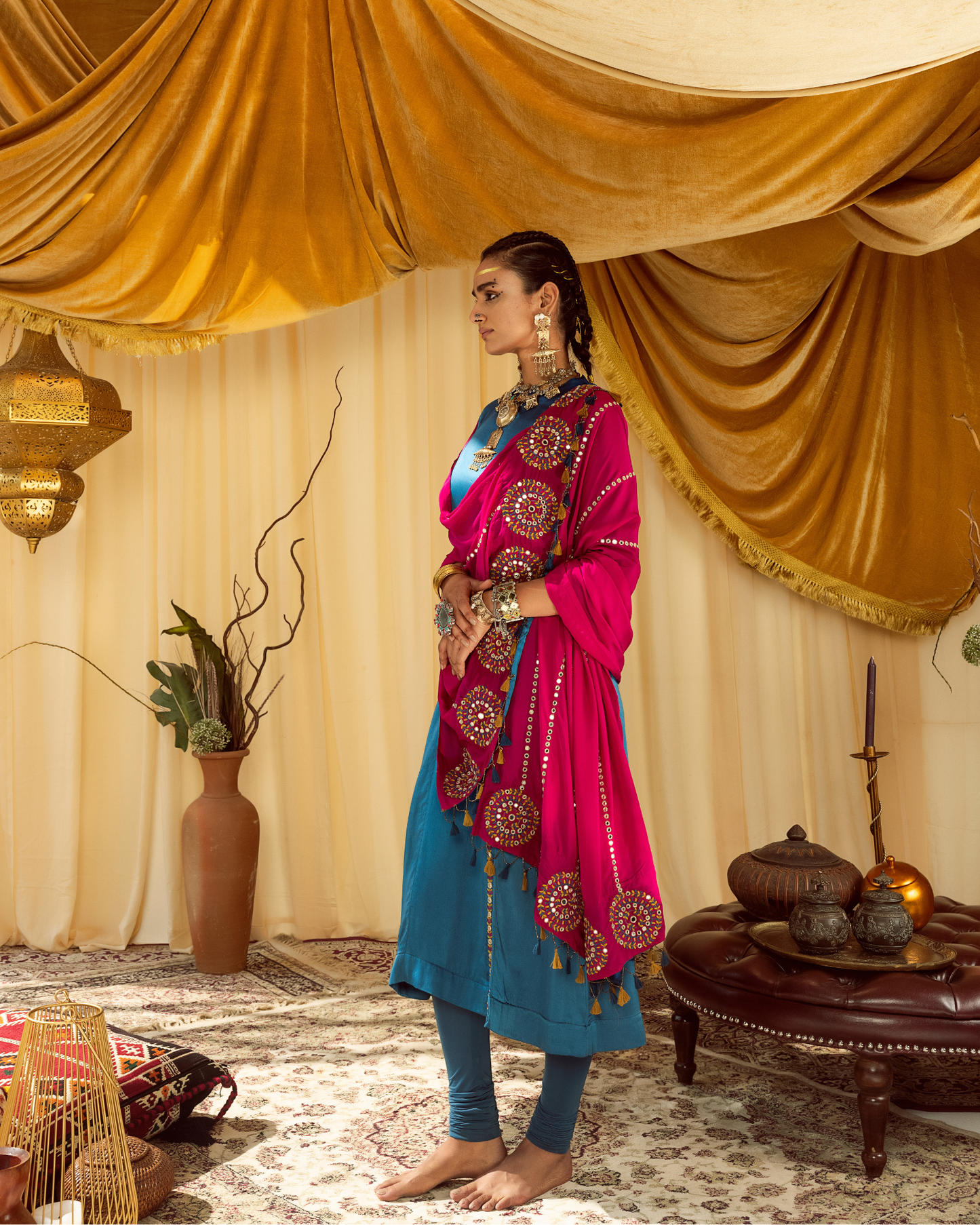Blue A-line Suit with Churidaar & Pink Dupatta