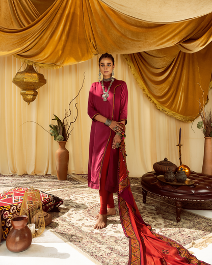 Pink A-line Suit with Thread & Mirror Embroidery