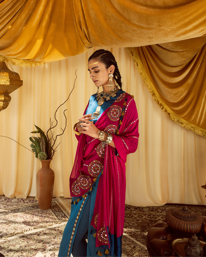 Blue A-line Suit with Churidaar & Pink Dupatta
