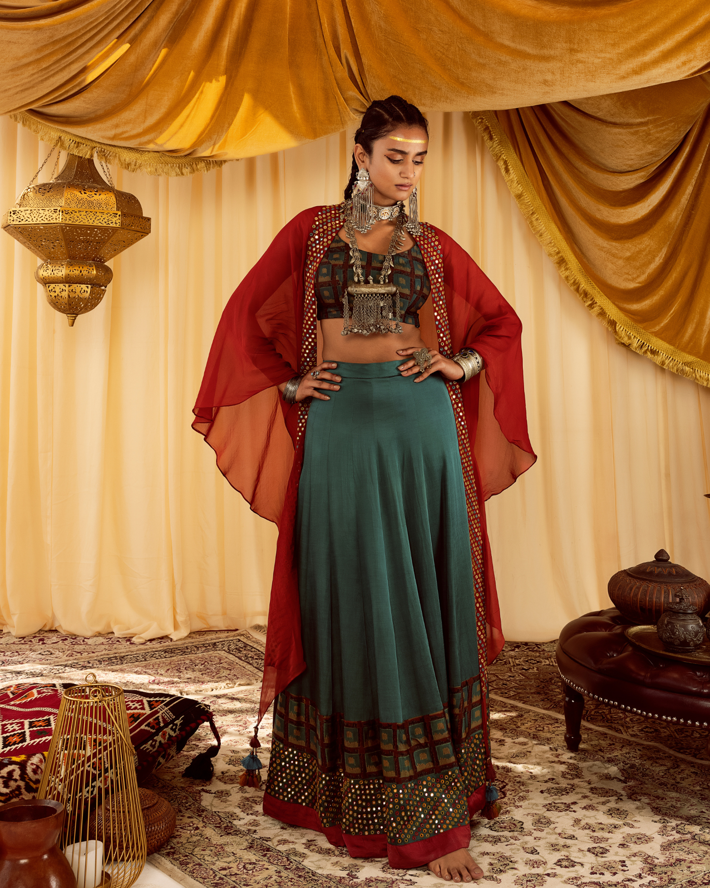 Teal Mirror Work Lehenga Choli