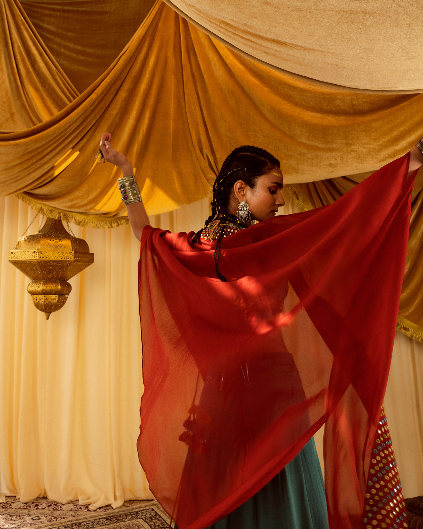 Teal Mirror Work Lehenga Choli