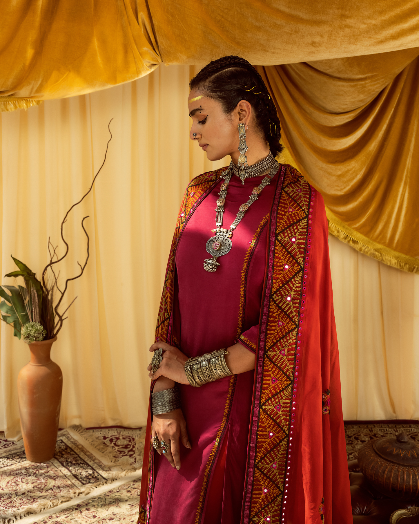 Pink A-line Suit with Thread & Mirror Embroidery