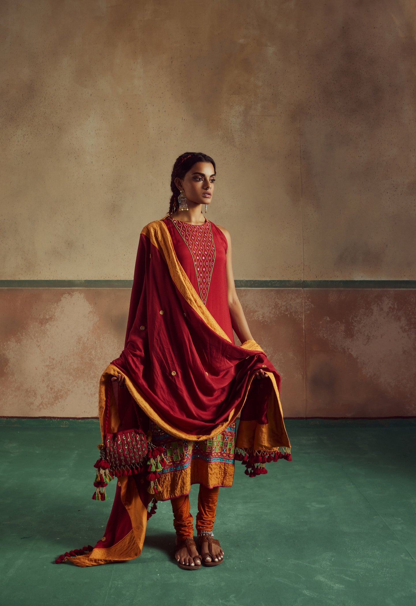 Red Embroidered Kurta Set with Churidaar