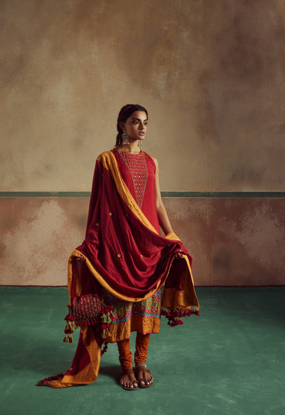 Red Embroidered Kurta Set with Churidaar