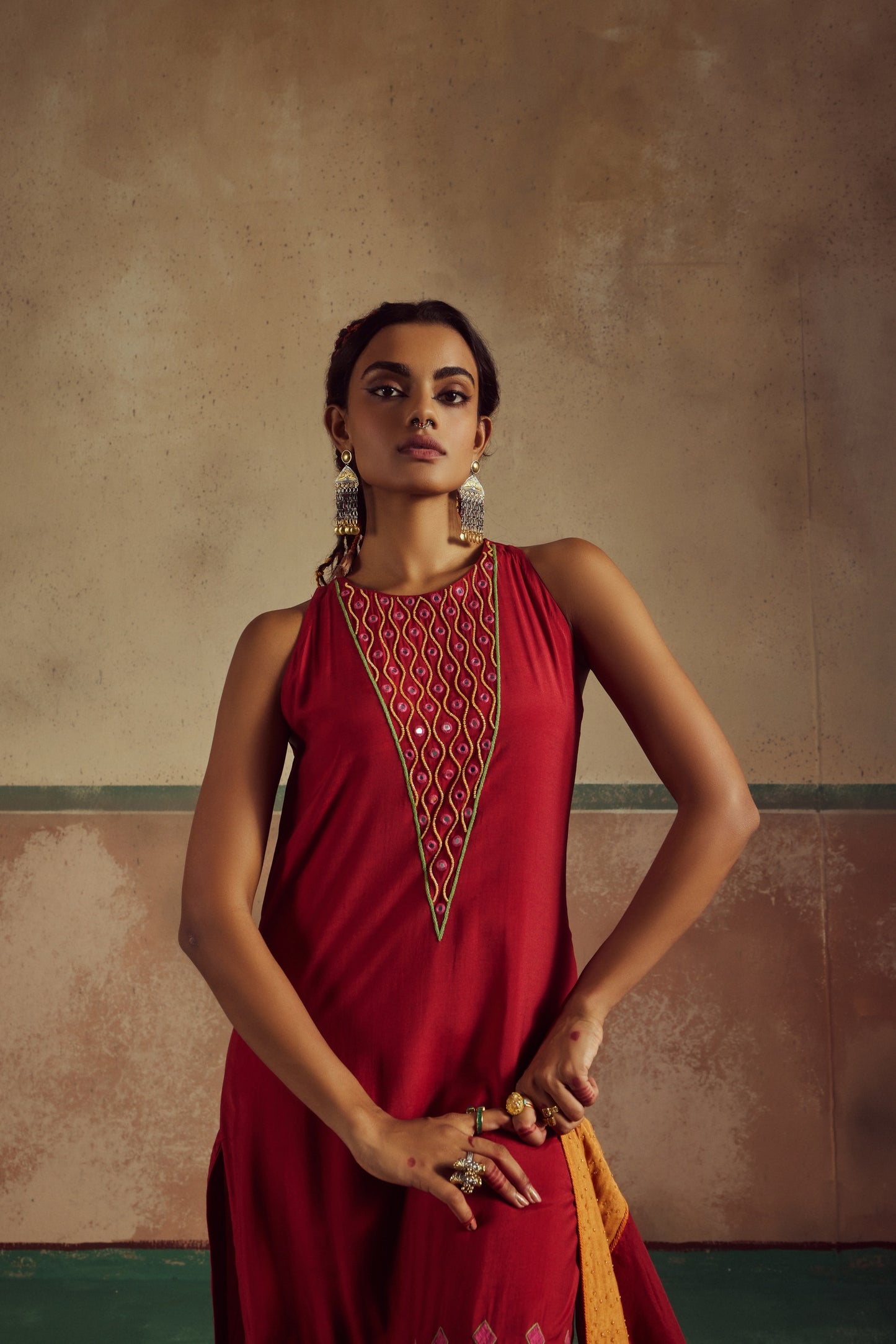 Red Embroidered Kurta Set with Churidaar