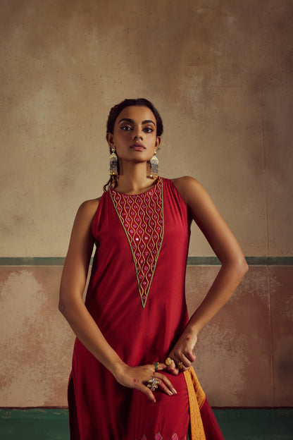 Red Embroidered Kurta Set with Churidaar