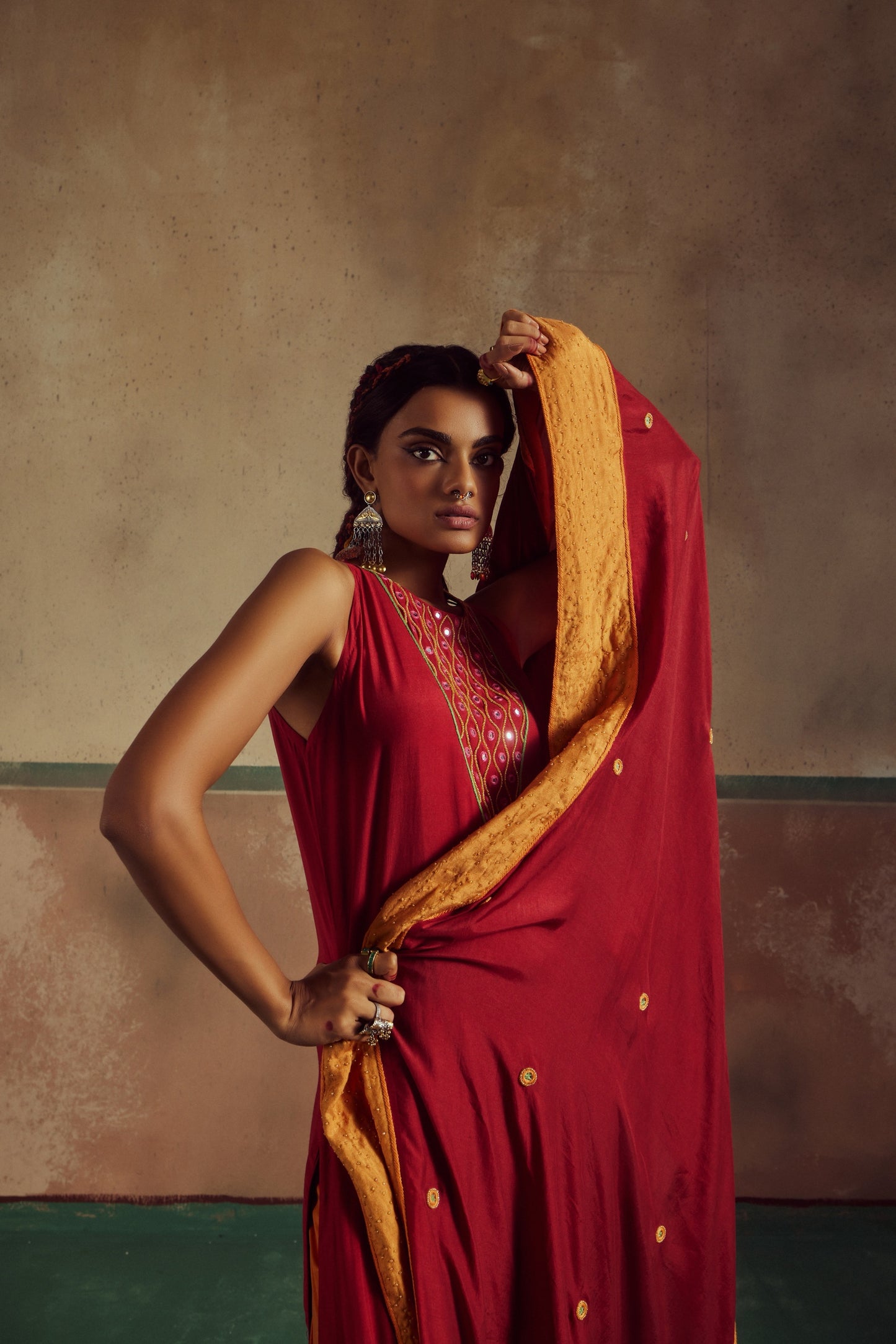 Red Embroidered Kurta Set with Churidaar