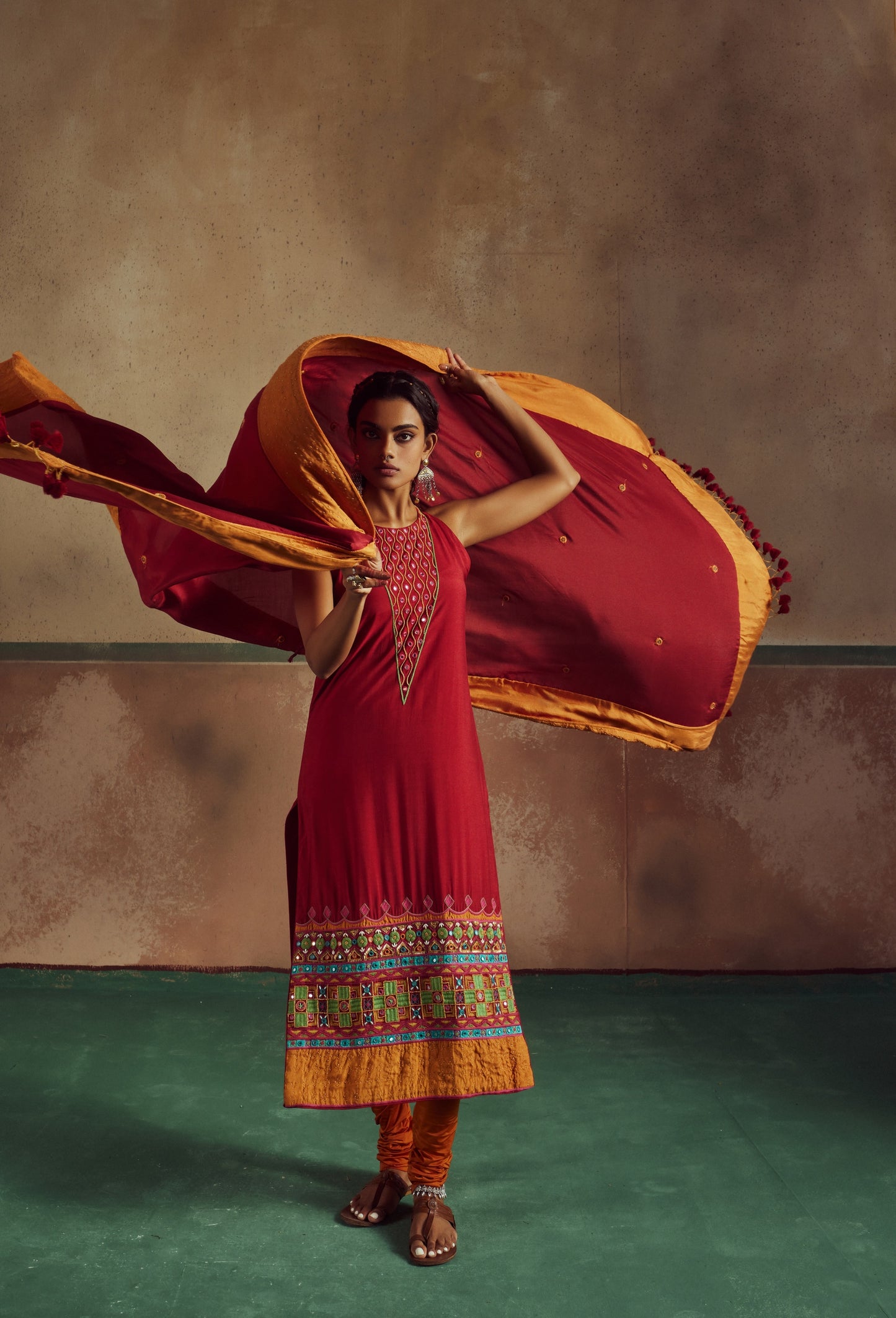 Red Embroidered Kurta Set with Churidaar