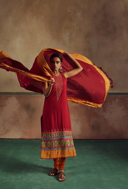 Red Embroidered Kurta Set with Churidaar