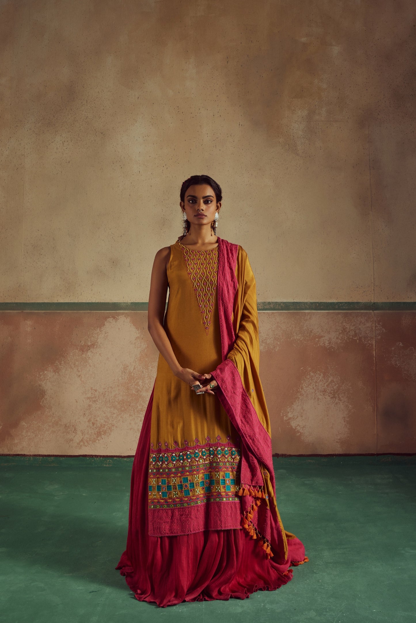 Kesari Mustard Embroidered Kurta Set with Lehenga