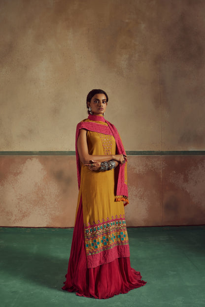 Kesari Mustard Embroidered Kurta Set with Lehenga