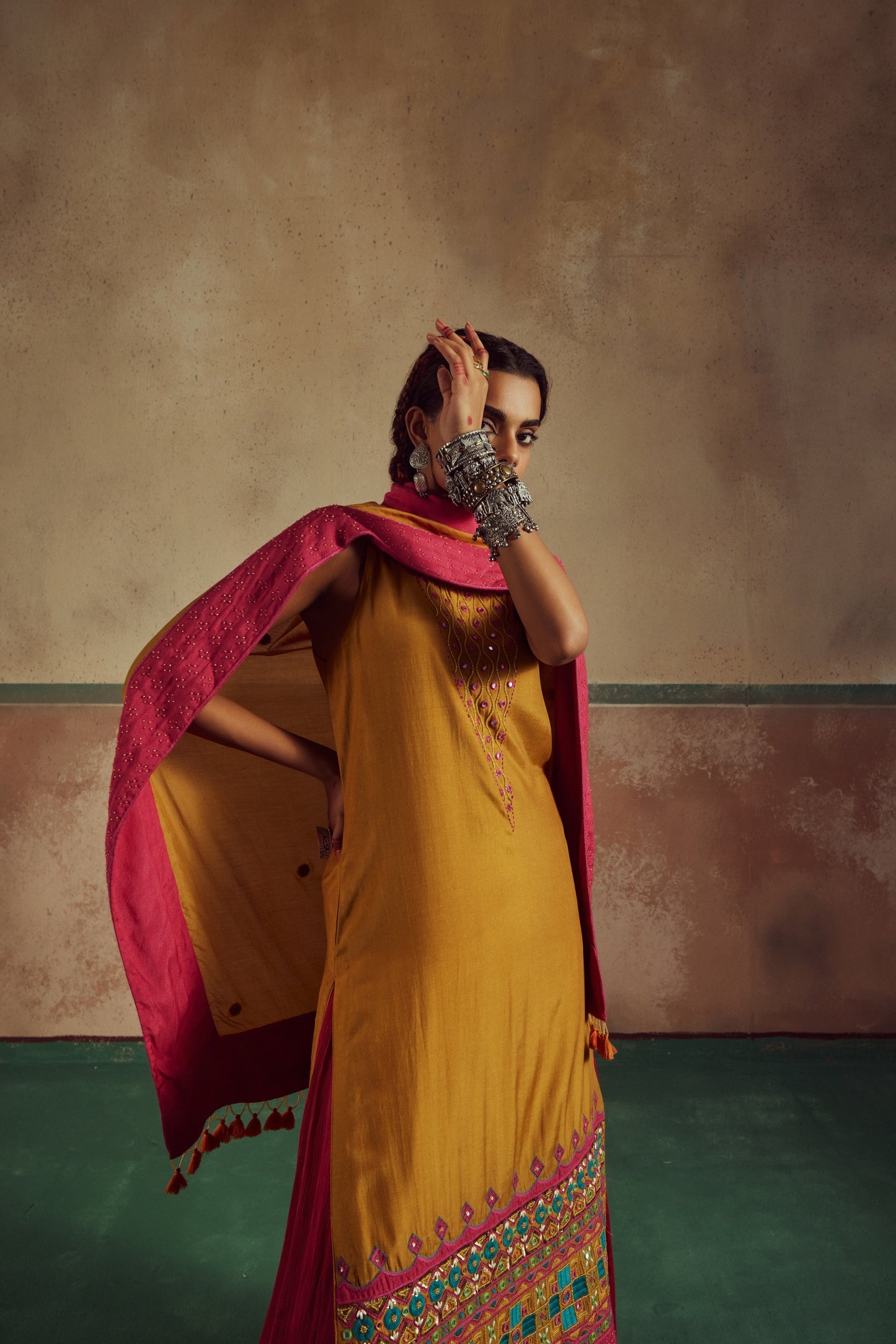 Kesari Mustard Embroidered Kurta Set with Lehenga