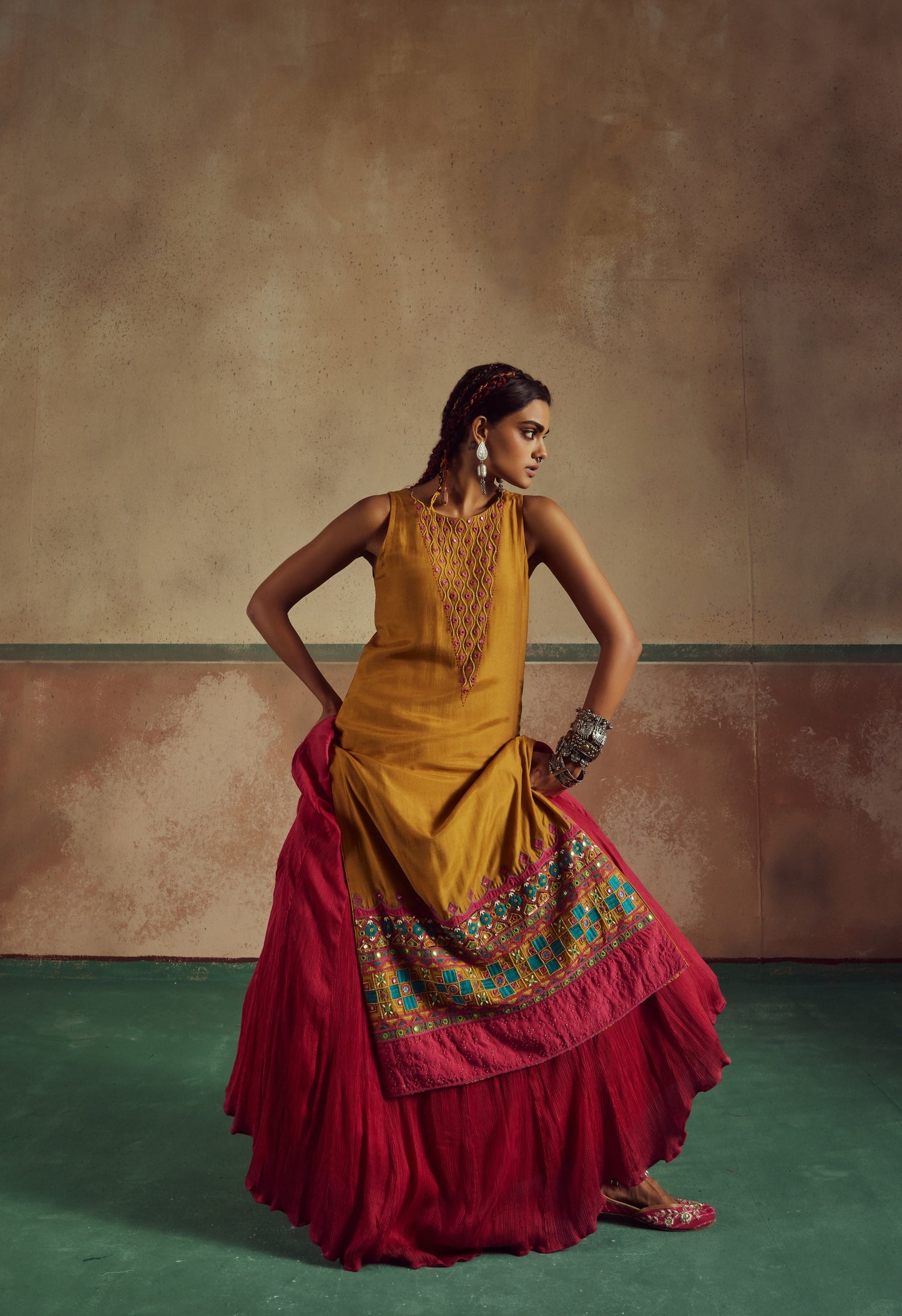 Kesari Mustard Embroidered Kurta Set with Lehenga