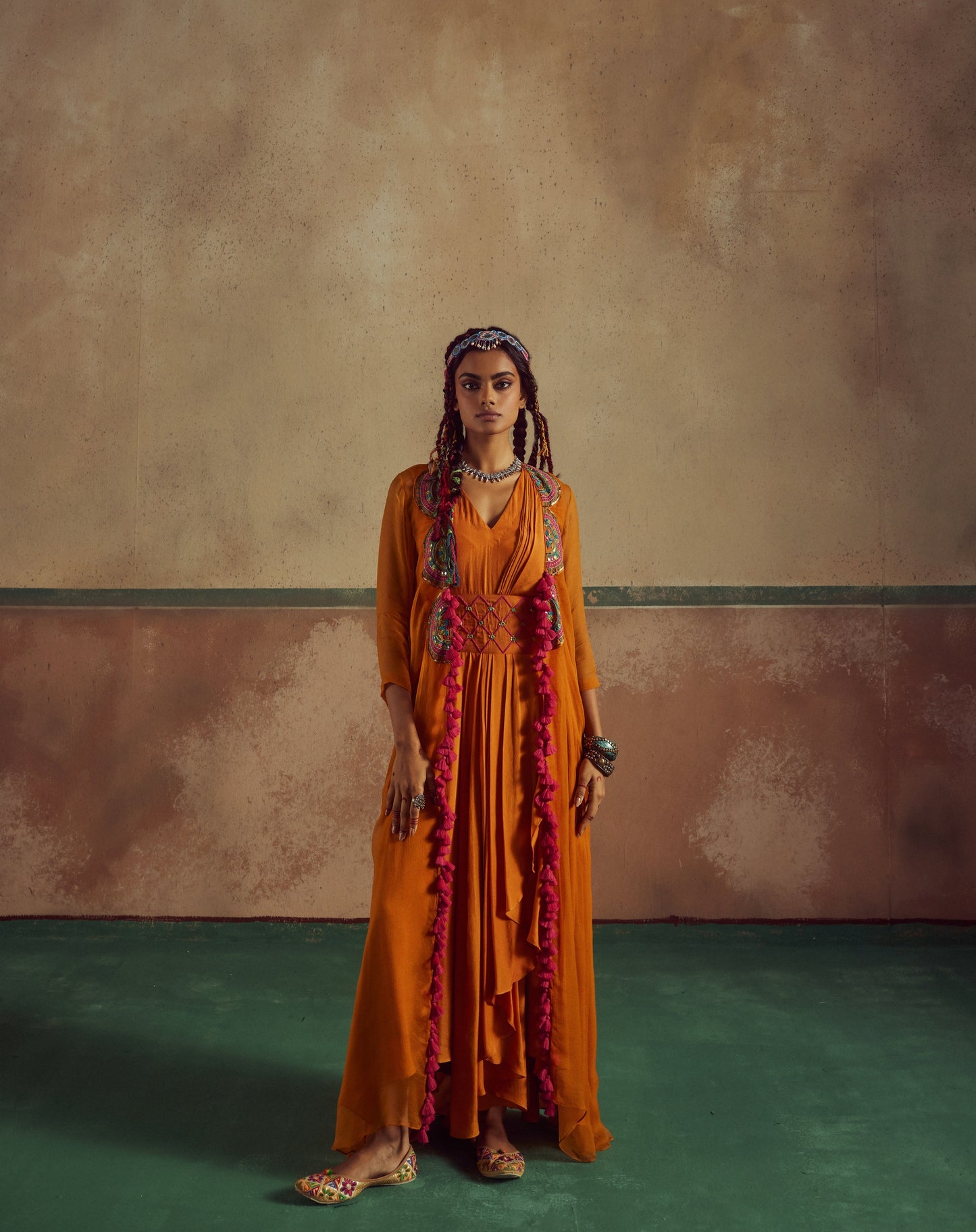 Orange Drape Dress with Cape