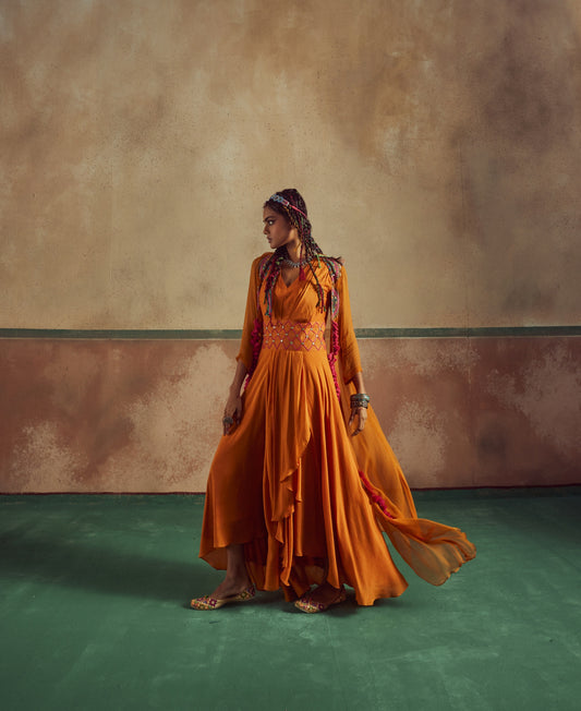 Orange Drape Dress with Cape