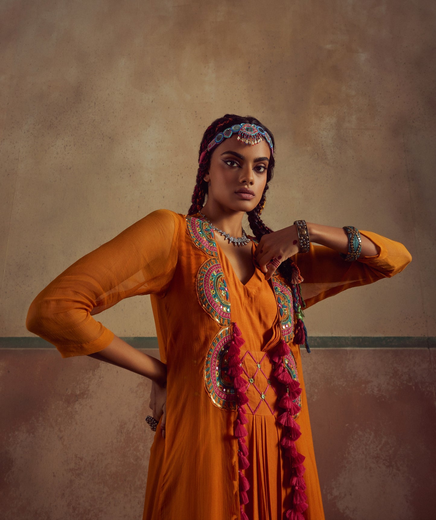 Orange Drape Dress with Cape