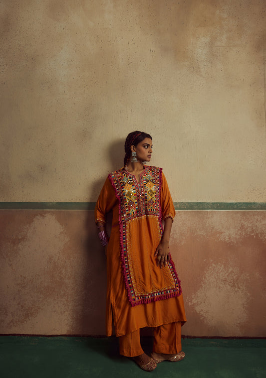 Orange Patch Work Jhola Kurta Set