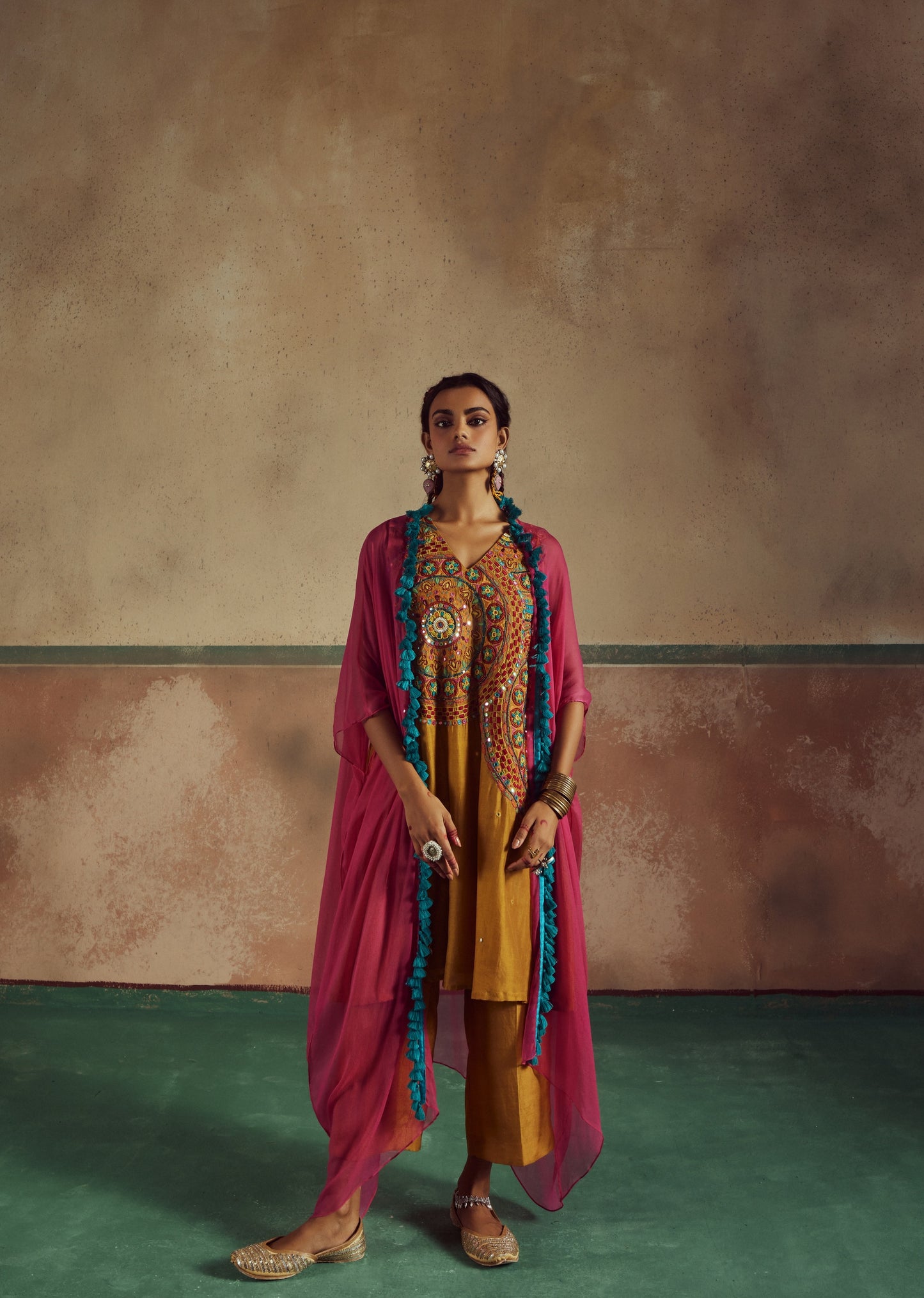 Kesari Mustard Mandala Embroidered Kurta Set with Cape