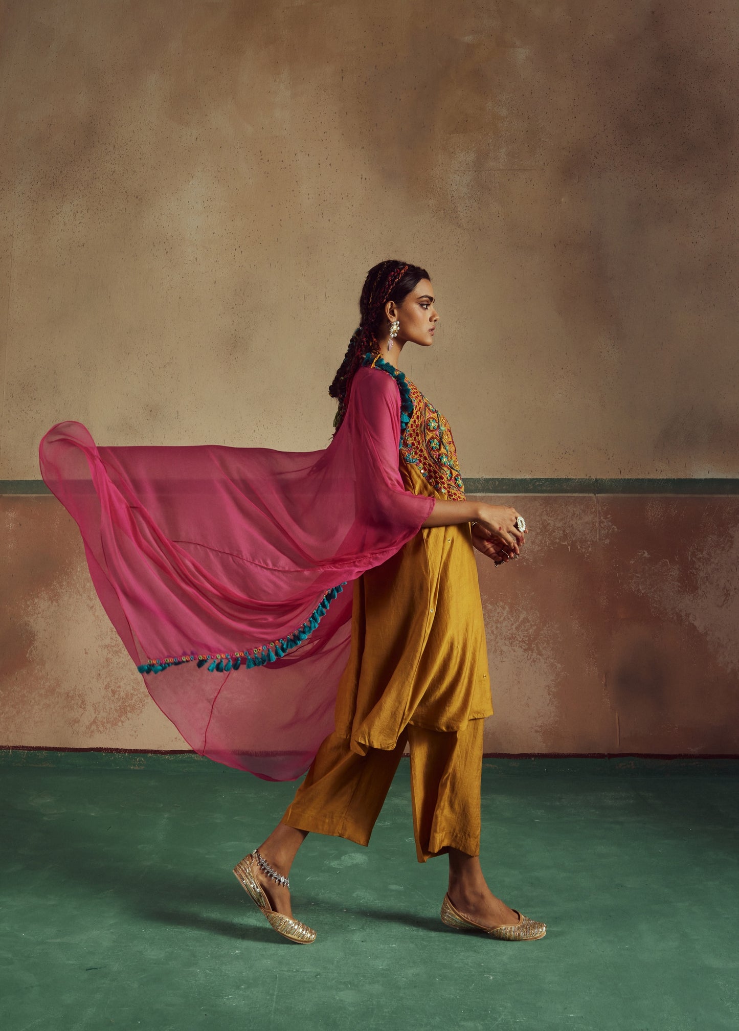 Kesari Mustard Mandala Embroidered Kurta Set with Cape