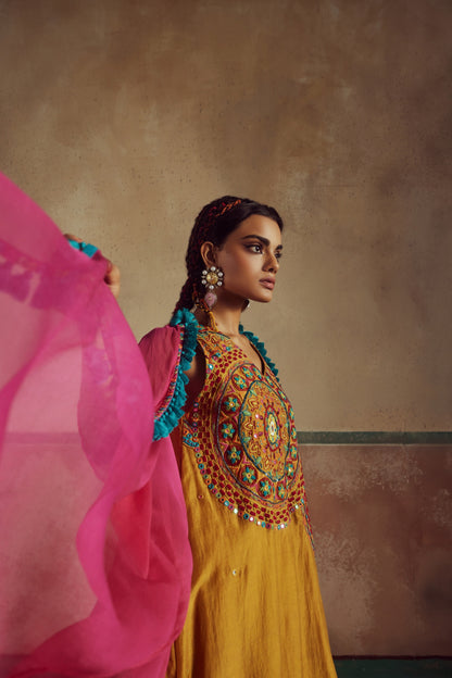 Kesari Mustard Mandala Embroidered Kurta Set with Cape